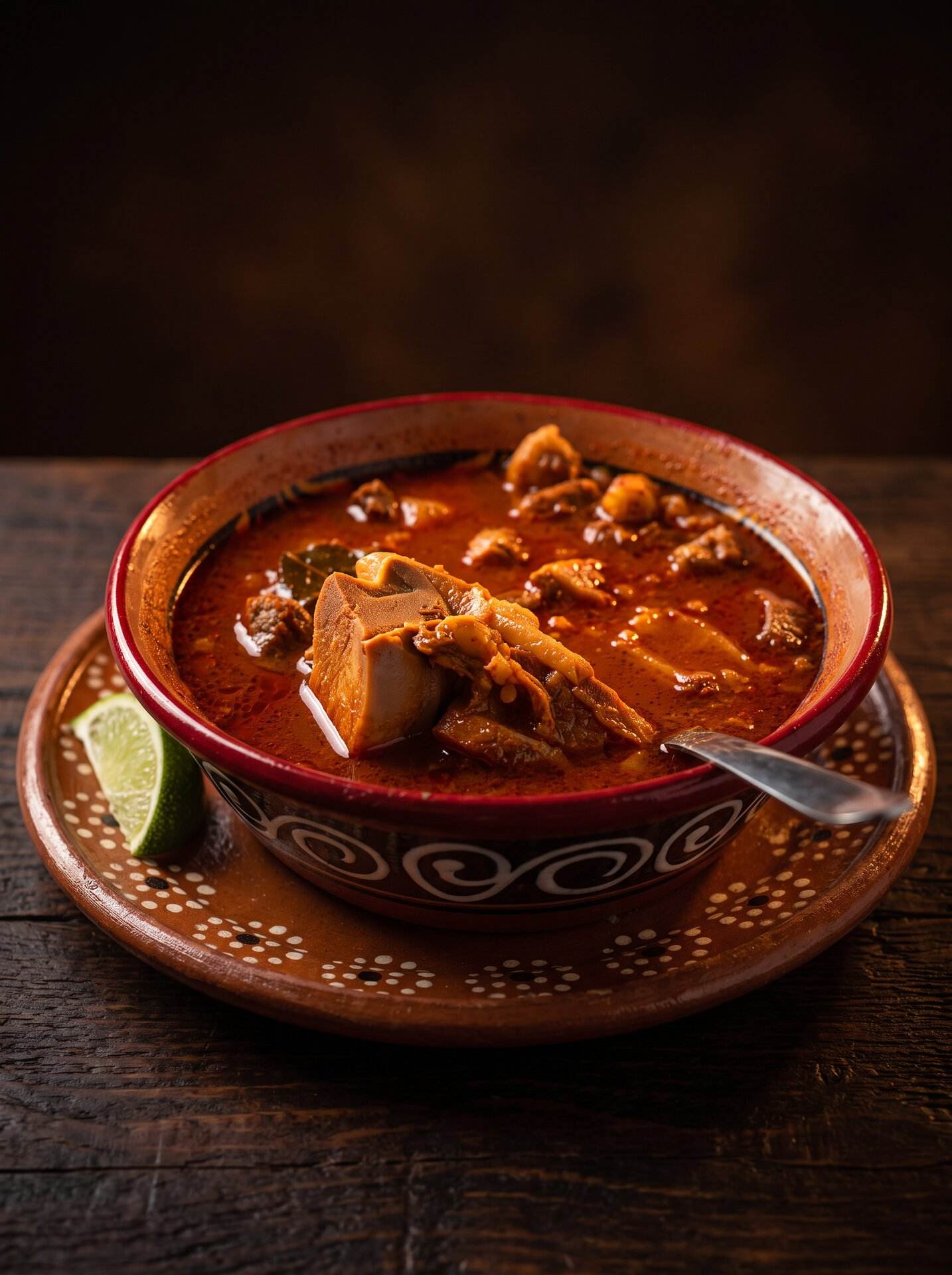 Beef stewed in its own broth in a clay bowl, with cilantro, onion and lime on the side
