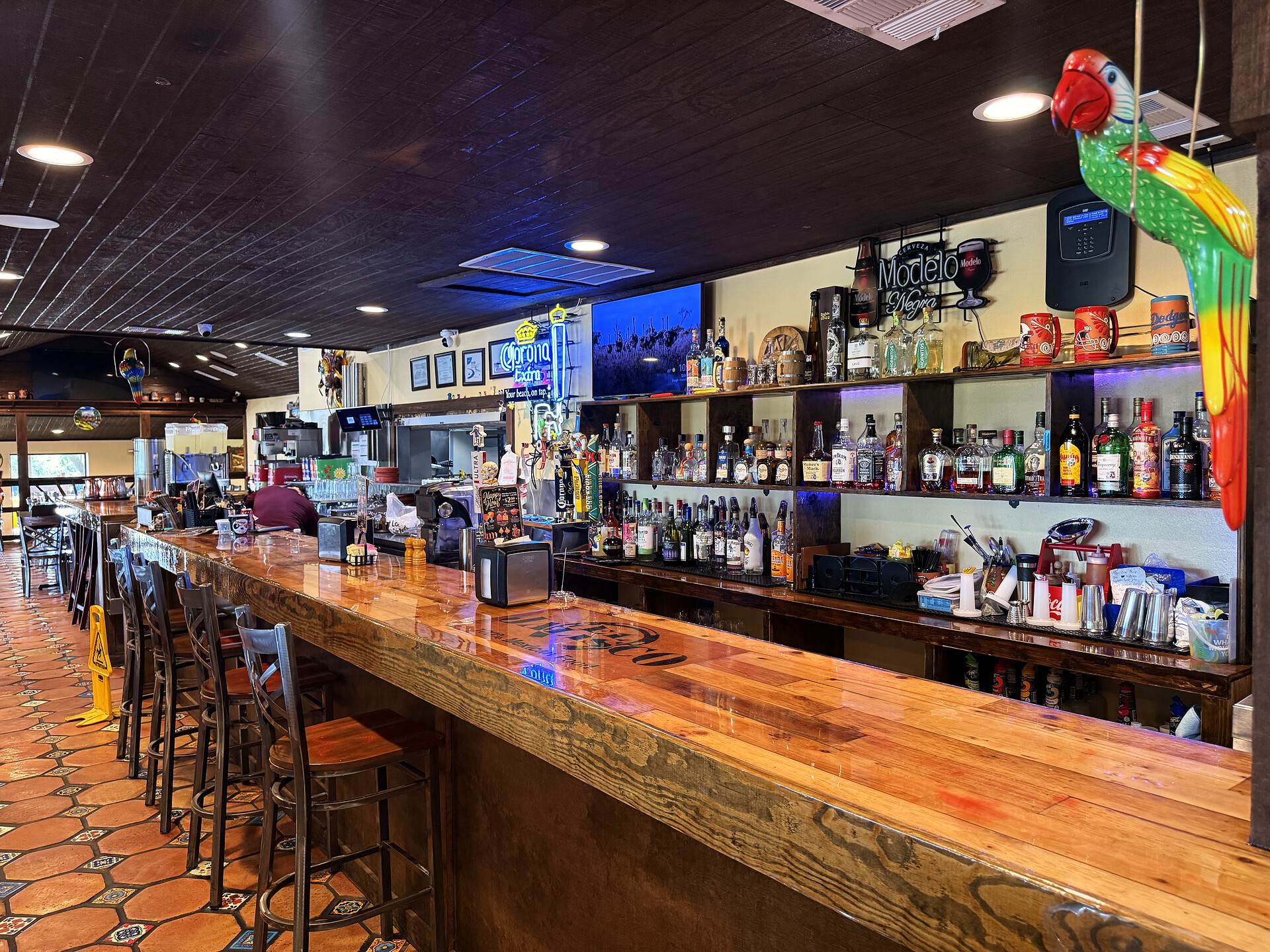 The length of the bar, stools down one side and a carved parrot hanging above