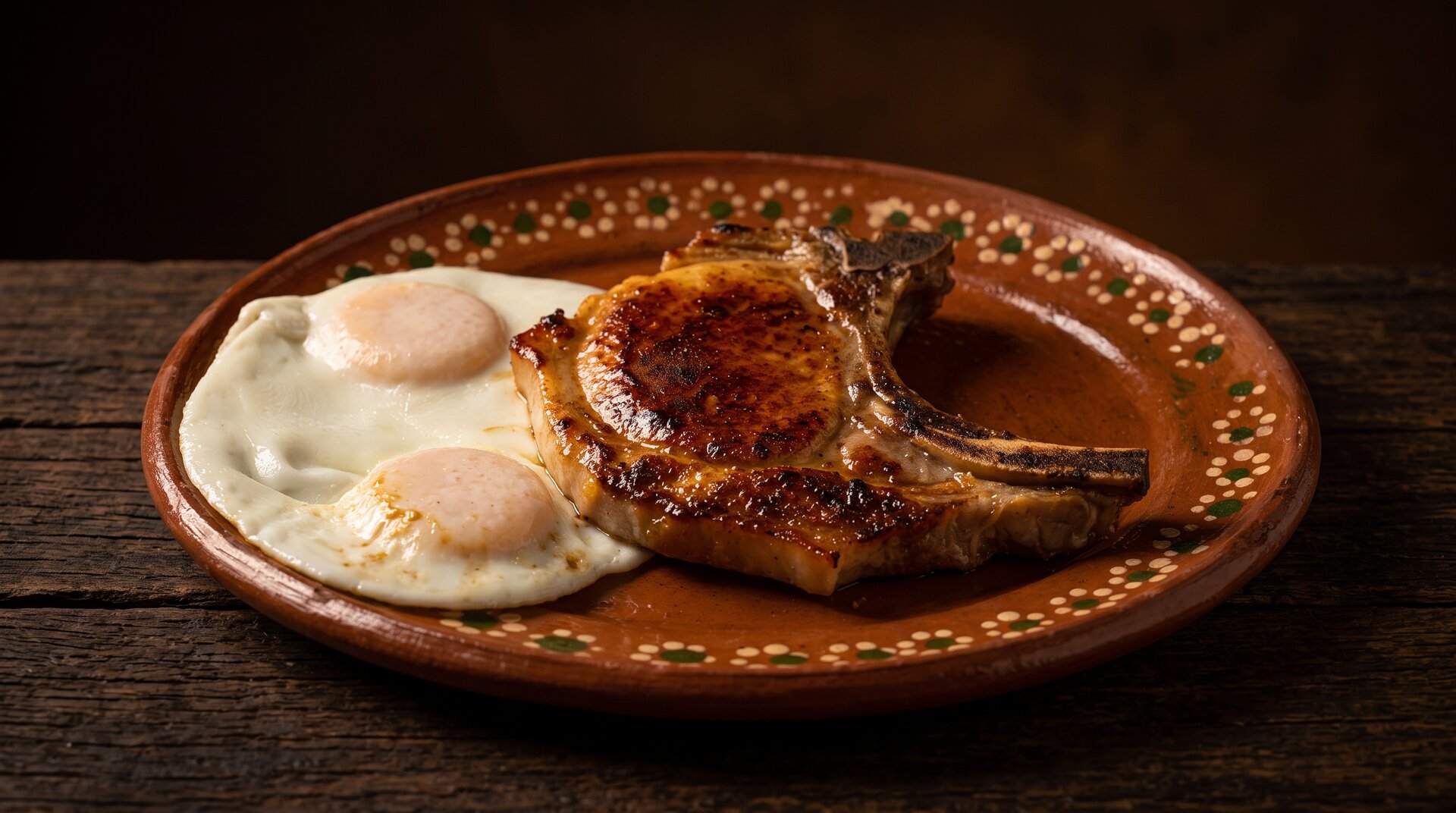 A grilled pork chop with two eggs on a hand-painted clay plate