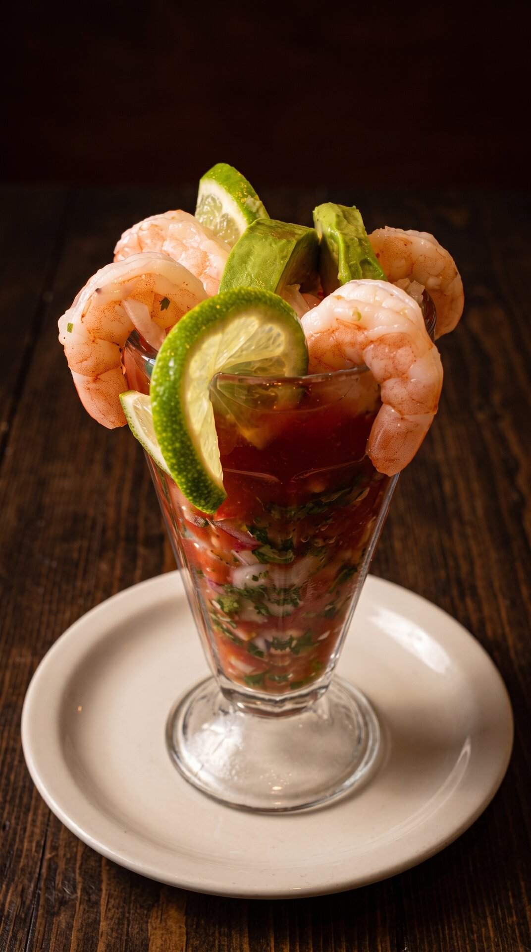 A tall coctel de camarón with shrimp, avocado and jalapeño over tomato broth