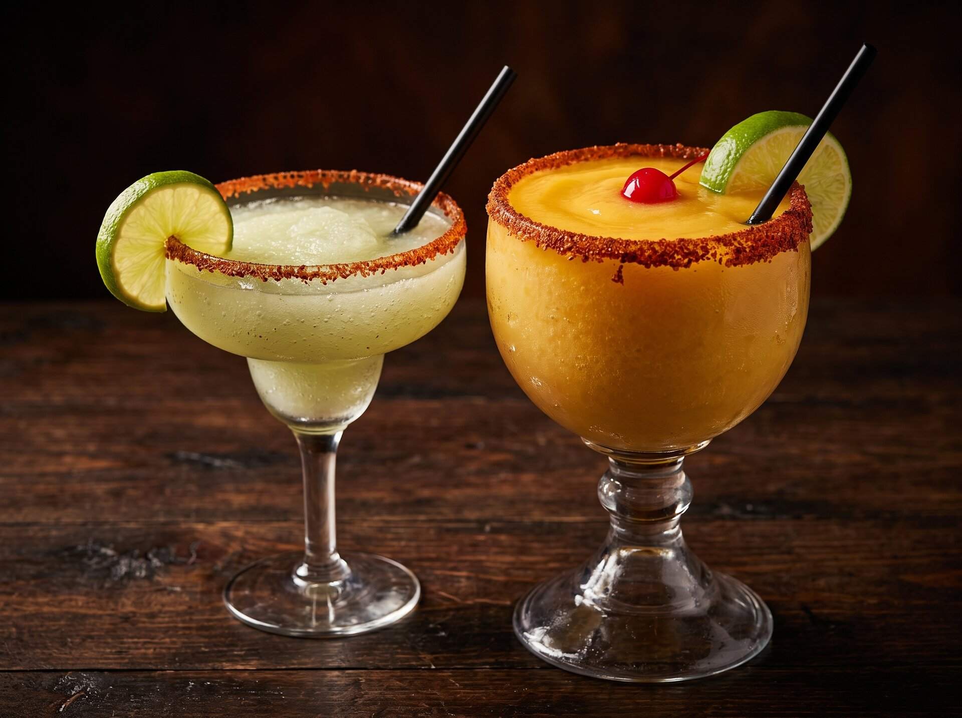 Two margaritas side by side — lime on the left, mango with a chile rim on the right