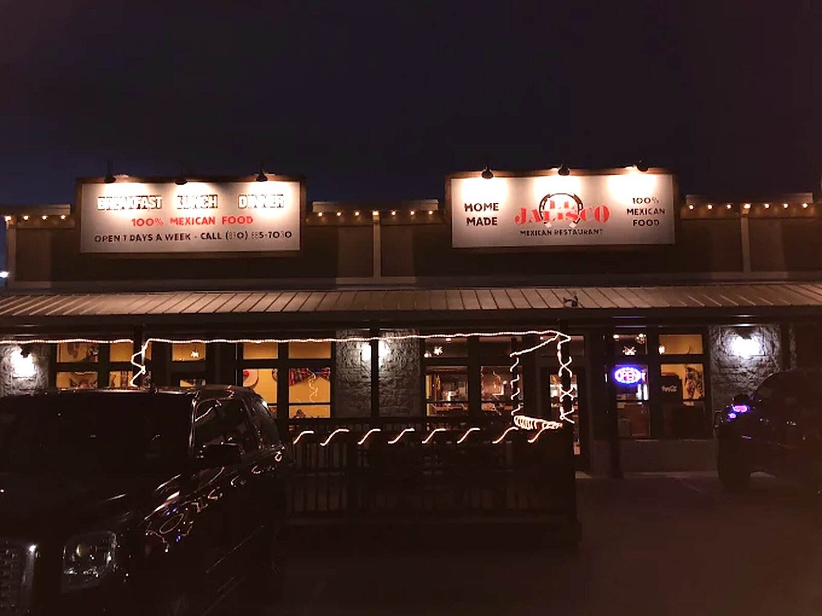 El Jalisco #3 at night on Highway 46, lit signs reading Breakfast Lunch Dinner and 100% Mexican Food