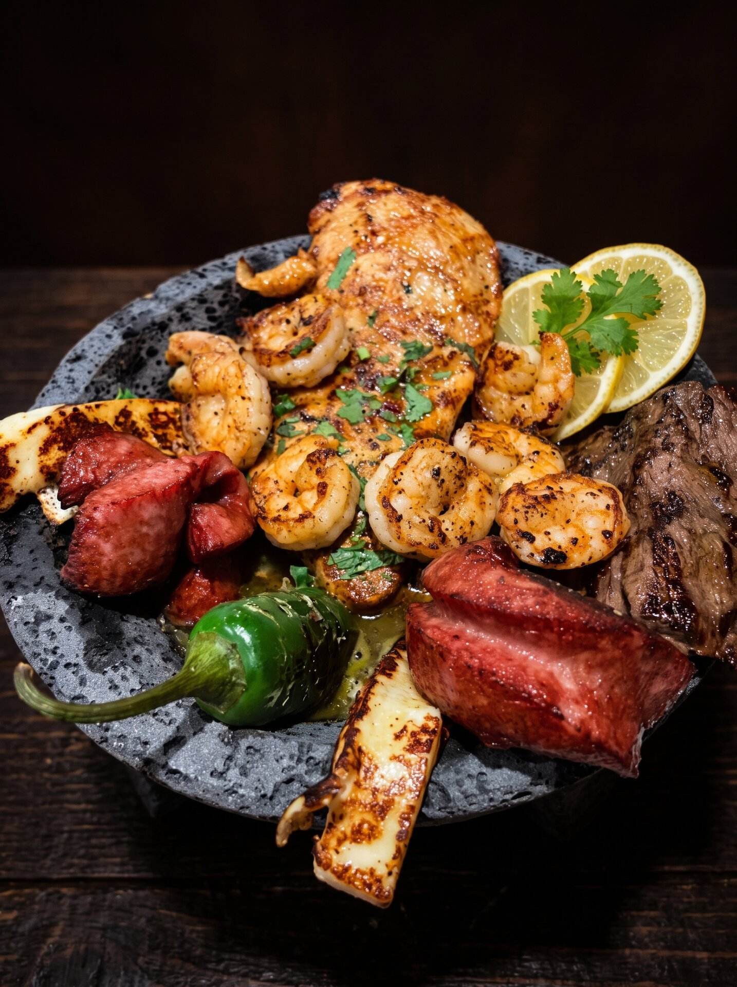 A parrillada on a hot stone — shrimp, sausage, grilled cheese, chile and avocado